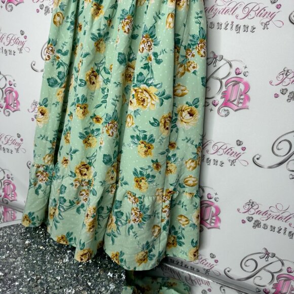 Floral Smocked Dress with Tie Straps green blue yellow flowers stretchy summer - Picture 2 of 8